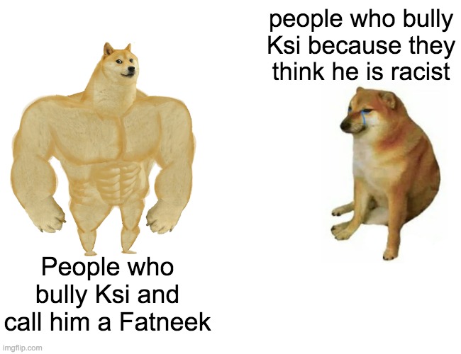 r/Ksi | people who bully Ksi because they think he is racist; People who bully Ksi and call him a Fatneek | image tagged in memes,buff doge vs cheems | made w/ Imgflip meme maker