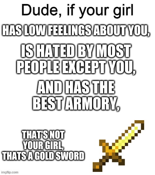 Not your girl | HAS LOW FEELINGS ABOUT YOU, IS HATED BY MOST PEOPLE EXCEPT YOU, AND HAS THE BEST ARMORY, THAT'S NOT YOUR GIRL, THATS A GOLD SWORD | image tagged in dude if your girl | made w/ Imgflip meme maker