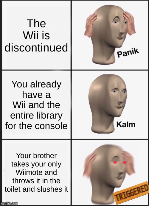 The Wiimote | The Wii is discontinued; You already have a Wii and the entire library for the console; Your brother takes your only Wiimote and throws it in the toilet and slushes it | image tagged in memes,panik kalm panik,nintendo wii,wiimote | made w/ Imgflip meme maker