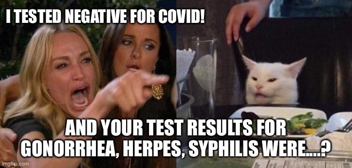 Smudge | I TESTED NEGATIVE FOR COVID! AND YOUR TEST RESULTS FOR GONORRHEA, HERPES, SYPHILIS WERE....? | image tagged in woman yelling at smudge the cat | made w/ Imgflip meme maker
