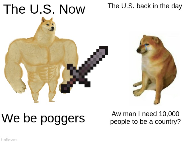 Buff Doge vs. Cheems | The U.S. Now; The U.S. back in the day; We be poggers; Aw man I need 10,000 people to be a country? | image tagged in memes,buff doge vs cheems | made w/ Imgflip meme maker