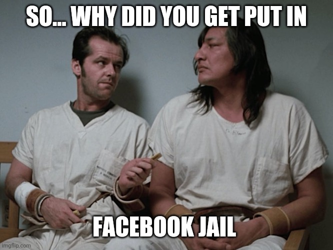 2 perfectly sane people, institutionalized for non conformity. | SO... WHY DID YOU GET PUT IN; FACEBOOK JAIL | image tagged in one flew over the cuckoos nest,facebook jail | made w/ Imgflip meme maker