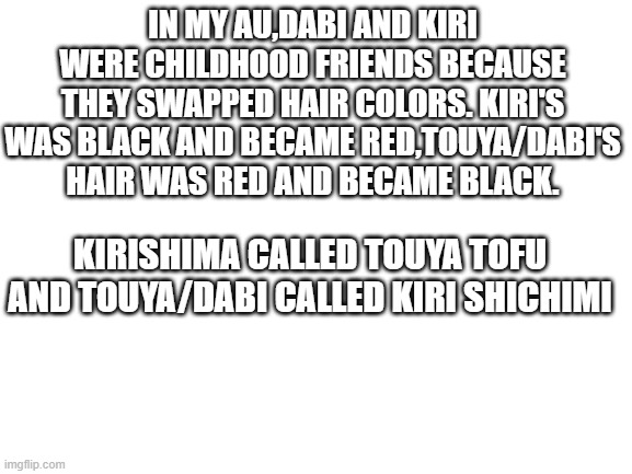 Did Kiri and Dabi Once Knew Each Other? | IN MY AU,DABI AND KIRI WERE CHILDHOOD FRIENDS BECAUSE THEY SWAPPED HAIR COLORS. KIRI'S WAS BLACK AND BECAME RED,TOUYA/DABI'S HAIR WAS RED AND BECAME BLACK. KIRISHIMA CALLED TOUYA TOFU AND TOUYA/DABI CALLED KIRI SHICHIMI | made w/ Imgflip meme maker