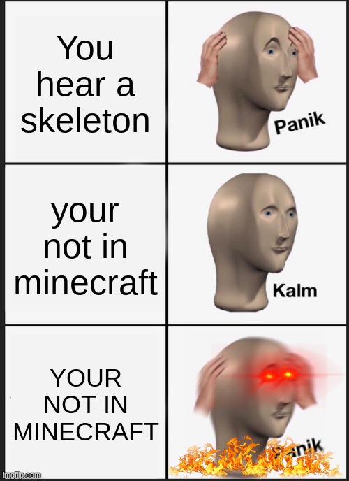 . | You hear a skeleton; your not in minecraft; YOUR NOT IN MINECRAFT | image tagged in memes,panik kalm panik | made w/ Imgflip meme maker