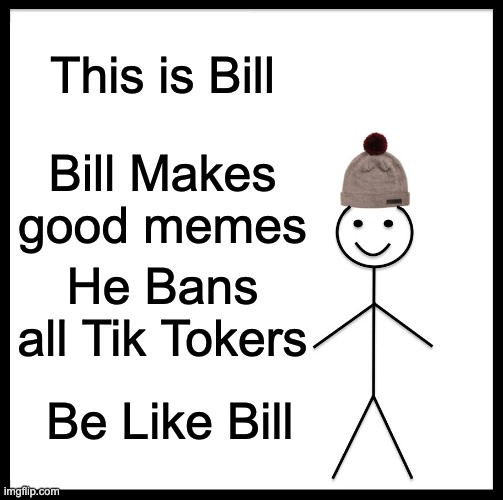 Be Like Bill Meme | This is Bill; Bill Makes good memes; He Bans all Tik Tokers; Be Like Bill | image tagged in memes,be like bill | made w/ Imgflip meme maker