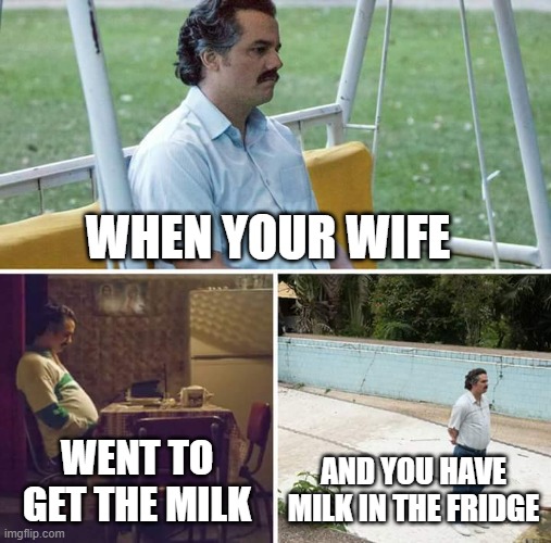 Sad Pablo Escobar | WHEN YOUR WIFE; WENT TO GET THE MILK; AND YOU HAVE MILK IN THE FRIDGE | image tagged in memes,sad pablo escobar | made w/ Imgflip meme maker