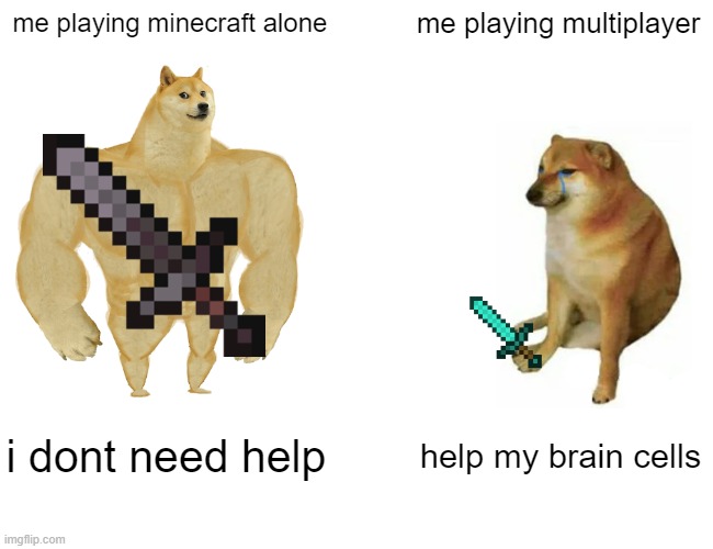 Buff Doge vs. Cheems | me playing minecraft alone; me playing multiplayer; i dont need help; help my brain cells | image tagged in memes,buff doge vs cheems | made w/ Imgflip meme maker