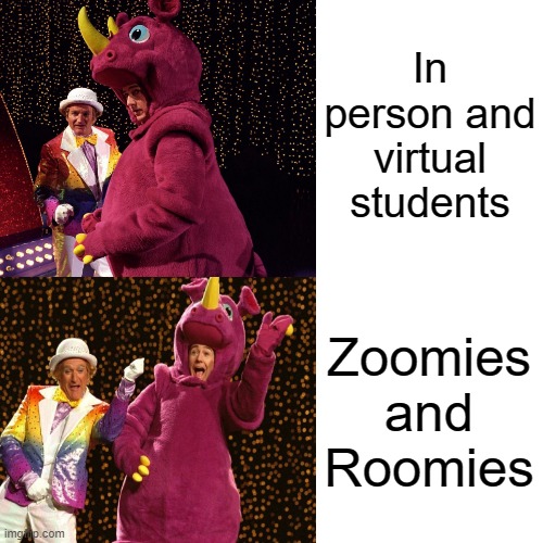 Hybrid learning be like | In person and virtual students; Zoomies and Roomies | image tagged in zoom,virtual school,drake hotline bling | made w/ Imgflip meme maker