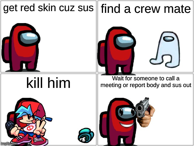 Amoug us: Steps to become an true impasta | get red skin cuz sus; find a crew mate; kill him; Wait for someone to call a meeting or report body and sus out | image tagged in memes,blank comic panel 2x2 | made w/ Imgflip meme maker