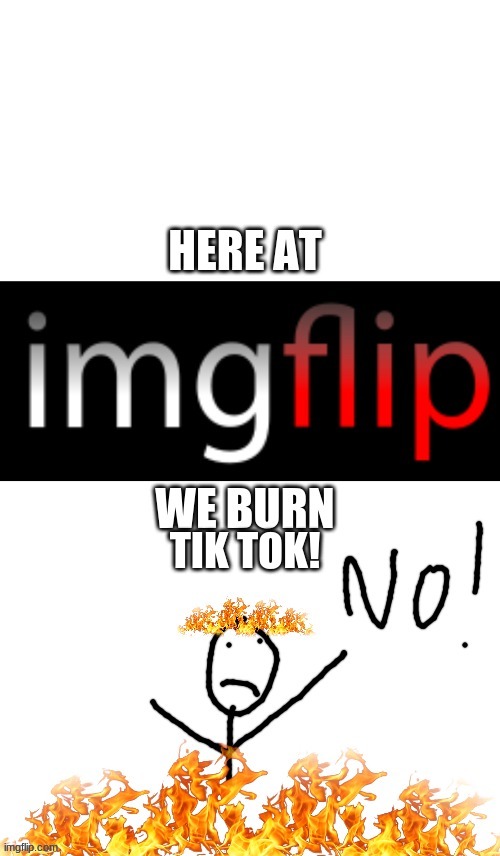 Here at ImgFlip, we burn X | TIK TOK! | image tagged in here at imgflip we burn x | made w/ Imgflip meme maker