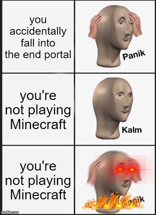 Panik Kalm Panik Meme | you accidentally fall into the end portal; you're not playing Minecraft; you're not playing Minecraft | image tagged in memes,panik kalm panik | made w/ Imgflip meme maker