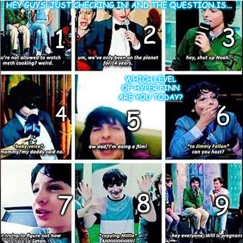 Hyper Finn! | HEY GUYS! JUST CHECKING IN! AND THE QUESTION IS... 2; 1; 3; WHICH LEVEL OF HYPER FINN ARE YOU TODAY? 6; 5; 4; 7; 8; 9 | image tagged in finn,how r u,wolfhard,millie,stranger things/it | made w/ Imgflip meme maker
