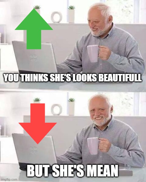 Hide the Pain Harold Meme | YOU THINKS SHE'S LOOKS BEAUTIFULL BUT SHE'S MEAN | image tagged in memes,hide the pain harold | made w/ Imgflip meme maker