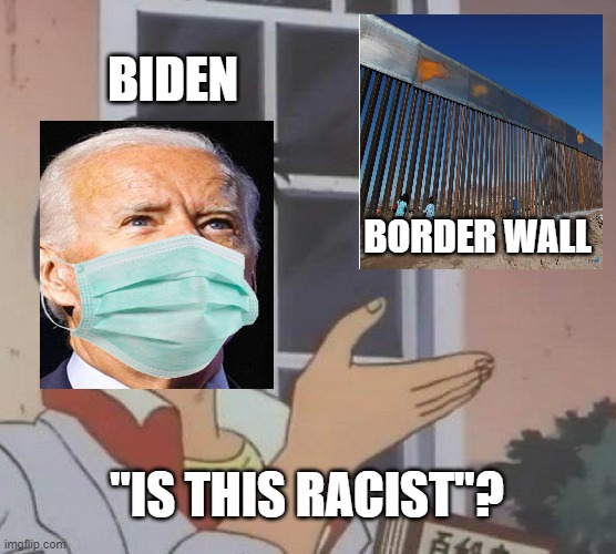 Is This A Pigeon | BIDEN; BORDER WALL; "IS THIS RACIST"? | image tagged in memes,is this a pigeon | made w/ Imgflip meme maker