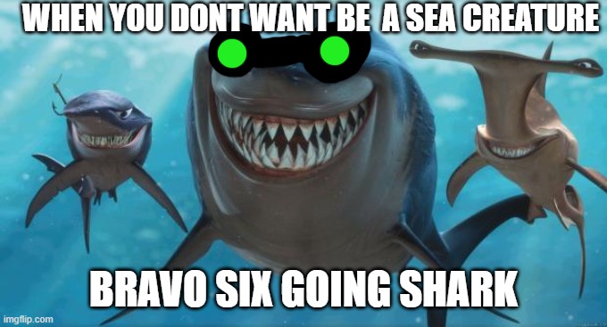 Finding Nemo Sharks | WHEN YOU DONT WANT BE  A SEA CREATURE BRAVO SIX GOING SHARK | image tagged in finding nemo sharks | made w/ Imgflip meme maker
