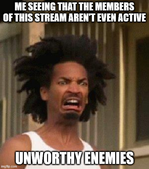 Disgusted Face | ME SEEING THAT THE MEMBERS OF THIS STREAM AREN'T EVEN ACTIVE; UNWORTHY ENEMIES | image tagged in disgusted face | made w/ Imgflip meme maker