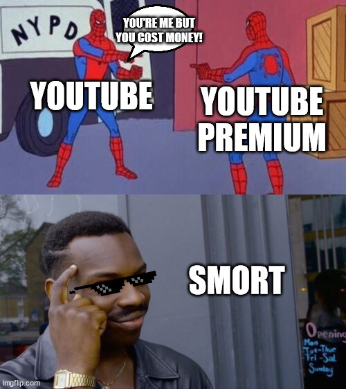Youtube premium is a scam | YOU'RE ME BUT YOU COST MONEY! YOUTUBE; YOUTUBE PREMIUM; SMORT | image tagged in spiderman pointing at spiderman,memes,roll safe think about it | made w/ Imgflip meme maker