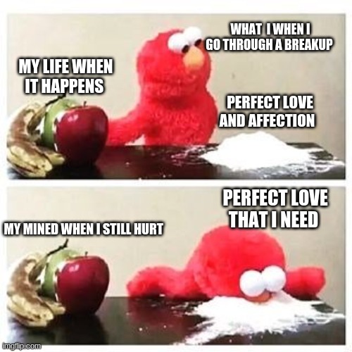 i have elmo here | WHAT  I WHEN I GO THROUGH A BREAKUP; MY LIFE WHEN IT HAPPENS; PERFECT LOVE AND AFFECTION; PERFECT LOVE THAT I NEED; MY MINED WHEN I STILL HURT | image tagged in elmo cocaine | made w/ Imgflip meme maker