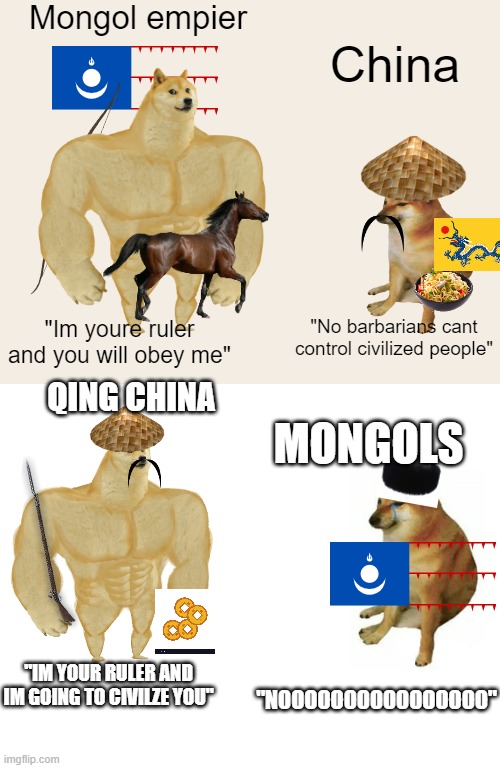 Mongol and china | Mongol empier; China; "No barbarians cant control civilized people"; "Im youre ruler and you will obey me"; QING CHINA; MONGOLS; "IM YOUR RULER AND IM GOING TO CIVILZE YOU"; "NOOOOOOOOOOOOOOOO" | image tagged in memes,buff doge vs cheems | made w/ Imgflip meme maker