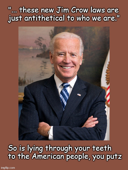 Biden and Jim Crow | "... these new Jim Crow laws are
just antithetical to who we are."; So is lying through your teeth 
to the American people, you putz | image tagged in biden,lying,politics | made w/ Imgflip meme maker