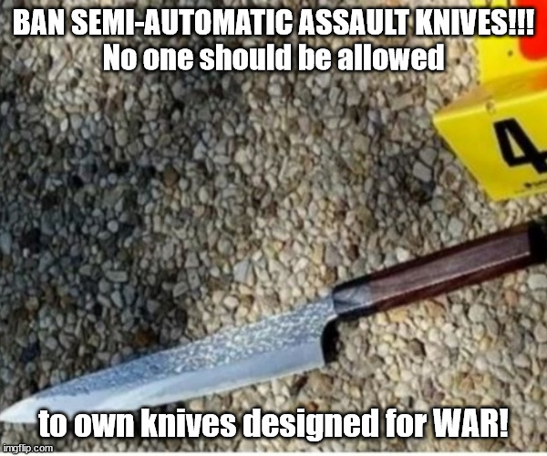 Ban Semi-Automatic Assault Knives | BAN SEMI-AUTOMATIC ASSAULT KNIVES!!!
No one should be allowed; to own knives designed for WAR! | image tagged in ban knives,semi-automatic,assault knife | made w/ Imgflip meme maker