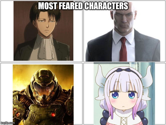 Top 4 characters that people fears | MOST FEARED CHARACTERS | image tagged in 4 boxes | made w/ Imgflip meme maker