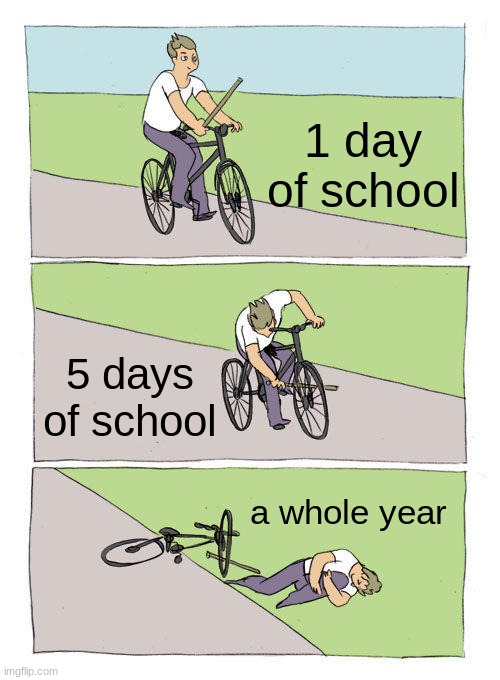 Bike Fall Meme | 1 day of school; 5 days of school; a whole year | image tagged in memes,bike fall | made w/ Imgflip meme maker