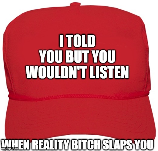 I told you so | I TOLD YOU BUT YOU WOULDN'T LISTEN; WHEN REALITY BITCH SLAPS YOU | image tagged in maga hat,i told you,wouldn't listen,reality,bitch slap,hind sight | made w/ Imgflip meme maker
