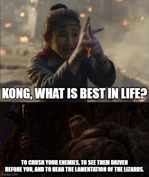 Kong, What is Best in Life? | KONG, WHAT IS BEST IN LIFE? TO CRUSH YOUR ENEMIES, TO SEE THEM DRIVEN BEFORE YOU, AND TO HEAR THE LAMENTATION OF THE LIZARDS. | image tagged in godzilla vs kong,king kong,conan the barbarian | made w/ Imgflip meme maker