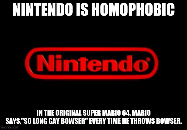 Nintendo Logo | NINTENDO IS HOMOPHOBIC; IN THE ORIGINAL SUPER MARIO 64, MARIO SAYS,"SO LONG GAY BOWSER" EVERY TIME HE THROWS BOWSER. | image tagged in nintendo logo | made w/ Imgflip meme maker