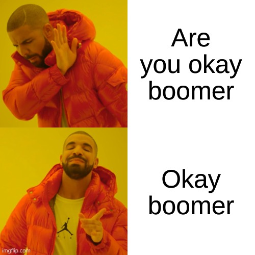 Boomer | Are you okay boomer; Okay boomer | image tagged in memes,drake hotline bling,ok boomer | made w/ Imgflip meme maker