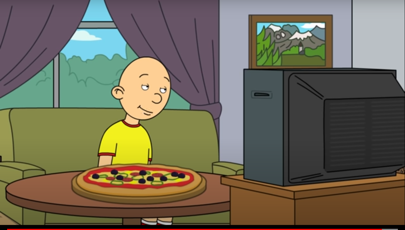 Caillou eating pizza and watching TV Blank Meme Template