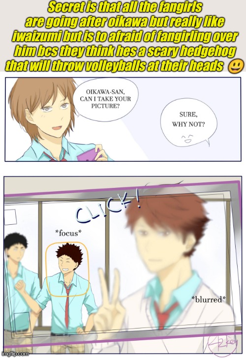 :) | Secret is that all the fangirls are going after oikawa but really like iwaizumi but is to afraid of fangirling over him bcs they think hes a scary hedgehog that will throw volleyballs at their heads  😃 | image tagged in iwaizumi fangirls be like,haikyuu | made w/ Imgflip meme maker