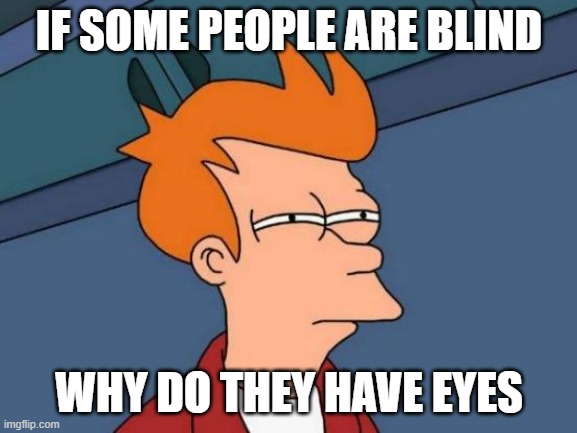 MMMMMMMM........... | IF SOME PEOPLE ARE BLIND; WHY DO THEY HAVE EYES | image tagged in memes,futurama fry | made w/ Imgflip meme maker