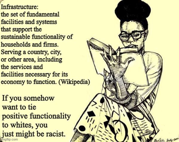 Get educated, people. | Infrastructure: the set of fundamental facilities and systems that support the sustainable functionality of households and firms. Serving a country, city, or other area, including the services and facilities necessary for its economy to function. (Wikipedia); If you somehow want to tie positive functionality to whites, you just might be racist. | image tagged in black woman reading a book,education,infrastructure,racism,read a book,other than harry potter | made w/ Imgflip meme maker