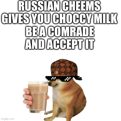 might not win, idk | RUSSIAN CHEEMS GIVES YOU CHOCCY MILK; BE A COMRADE AND ACCEPT IT | image tagged in choccy milk,tournament,cheems,blank white template | made w/ Imgflip meme maker