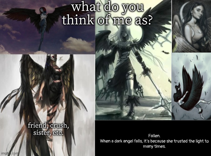 ... | what do you think of me as? friend, crush, sister, etc. | image tagged in fallen | made w/ Imgflip meme maker