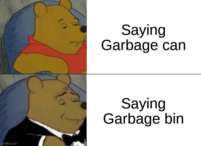 British man | Saying Garbage can; Saying Garbage bin | image tagged in memes,tuxedo winnie the pooh | made w/ Imgflip meme maker