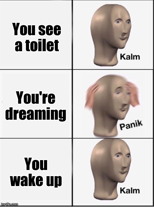 Reverse kalm panik | You see a toilet; You're dreaming; You wake up | image tagged in reverse kalm panik | made w/ Imgflip meme maker
