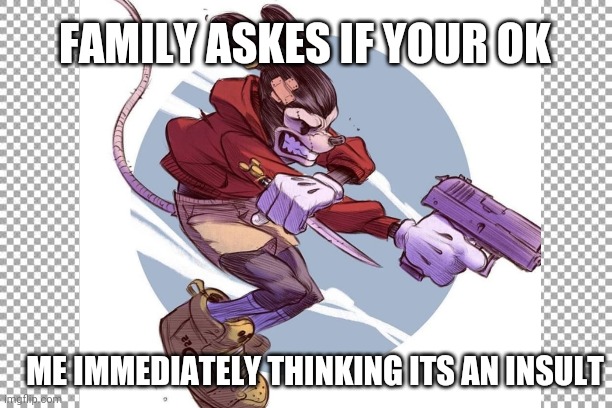 Micky rude | FAMILY ASKES IF YOUR OK; ME IMMEDIATELY THINKING ITS AN INSULT | image tagged in memes | made w/ Imgflip meme maker