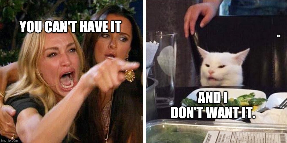 Smudge the cat | YOU CAN'T HAVE IT; J M; AND I DON'T WANT IT. | image tagged in smudge the cat | made w/ Imgflip meme maker