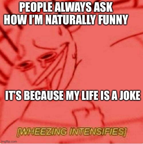 Wheeze | PEOPLE ALWAYS ASK HOW I’M NATURALLY FUNNY; IT’S BECAUSE MY LIFE IS A JOKE | image tagged in wheeze | made w/ Imgflip meme maker