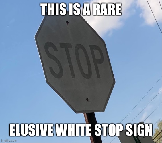 White stop sign discovered | THIS IS A RARE; ELUSIVE WHITE STOP SIGN | image tagged in white,stop sign | made w/ Imgflip meme maker
