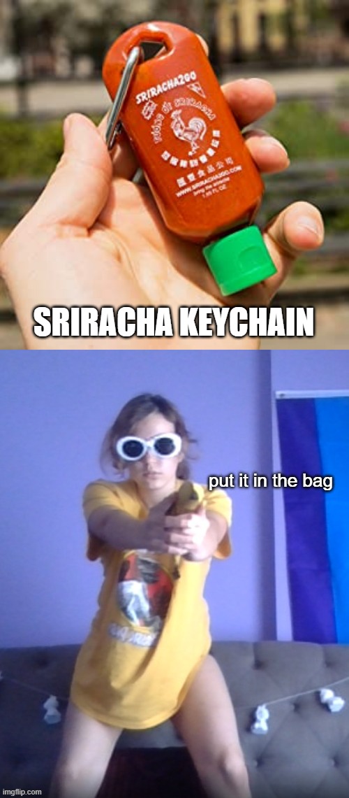 i put good use to this temp again | SRIRACHA KEYCHAIN | image tagged in put it in the bag | made w/ Imgflip meme maker