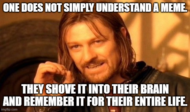 memes will be here forever | ONE DOES NOT SIMPLY UNDERSTAND A MEME. THEY SHOVE IT INTO THEIR BRAIN AND REMEMBER IT FOR THEIR ENTIRE LIFE. | image tagged in memes,one does not simply | made w/ Imgflip meme maker