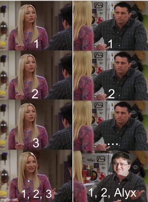 1, 2, Alyx | 1; 1; 2; 2; ... 3; 1, 2, Alyx; 1, 2, 3 | image tagged in phoebe joey,gabe newell,half life | made w/ Imgflip meme maker