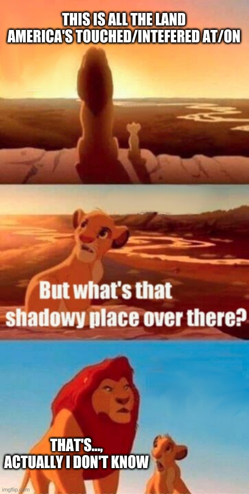 Actually...I don't know | THIS IS ALL THE LAND AMERICA'S TOUCHED/INTEFERED AT/ON; THAT'S..., ACTUALLY I DON'T KNOW | image tagged in memes,simba shadowy place | made w/ Imgflip meme maker