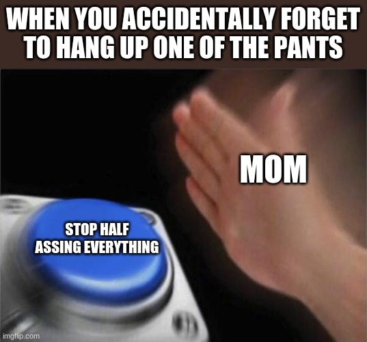 why just why, it was one pair of pants | WHEN YOU ACCIDENTALLY FORGET TO HANG UP ONE OF THE PANTS; MOM; STOP HALF ASSING EVERYTHING | image tagged in memes,blank nut button | made w/ Imgflip meme maker