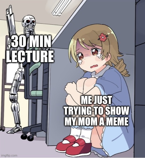 Anime Girl Hiding from Terminator | 30 MIN LECTURE; ME JUST TRYING TO SHOW MY MOM A MEME | image tagged in anime girl hiding from terminator | made w/ Imgflip meme maker