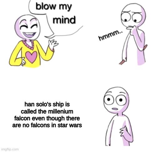 how | han solo's ship is called the millenium falcon even though there are no falcons in star wars | image tagged in blow my mind | made w/ Imgflip meme maker
